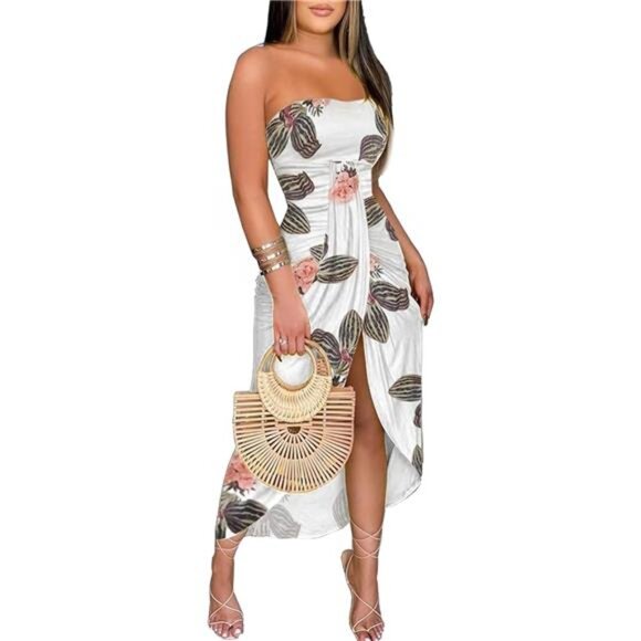 Luxe Women's Strapless Ruched High Waist Wrap Split Asymmetrical Beach Maxi